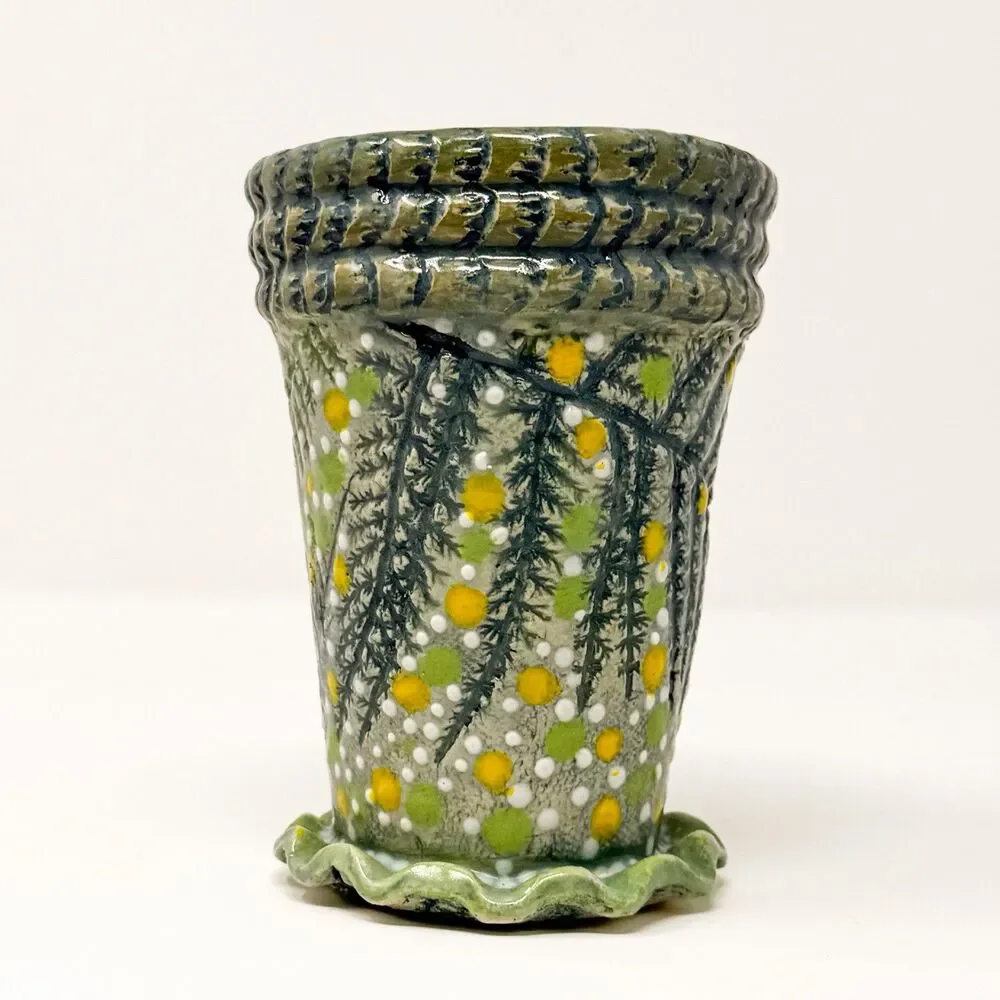 Signed Studio Art Pottery Vase Handmade Textured Floral Daisy Folk Art OOAK